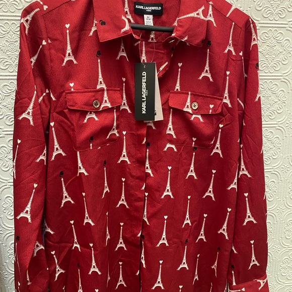 NWT Karl Lagerfeld Paris red graphic print blouse size medium - Picture 2 of 4